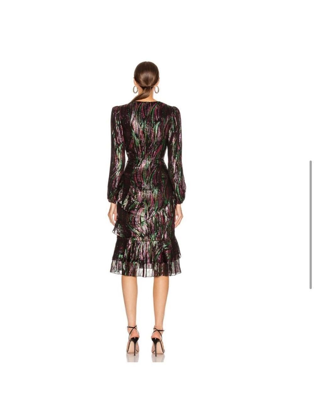 NEW Saloni Alya Black Rainbow Oilspill Silk Metallic Midi Dress Size 4 - Picture 5 of 16